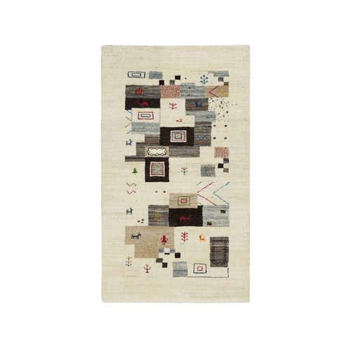 Abstract White, Thick and Plush Soft Pile, Pure Wool, Lori Buft Gabbeh with Small Animal Figurines, Hand Knotted, Oriental 