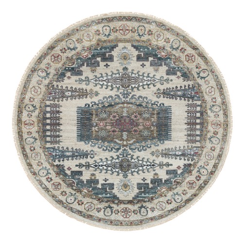 Alabaster Ivory, Thick and Plush, Soft Wool, Reimagined Persian Viss Design, Hand Knotted, Round Oriental Rug