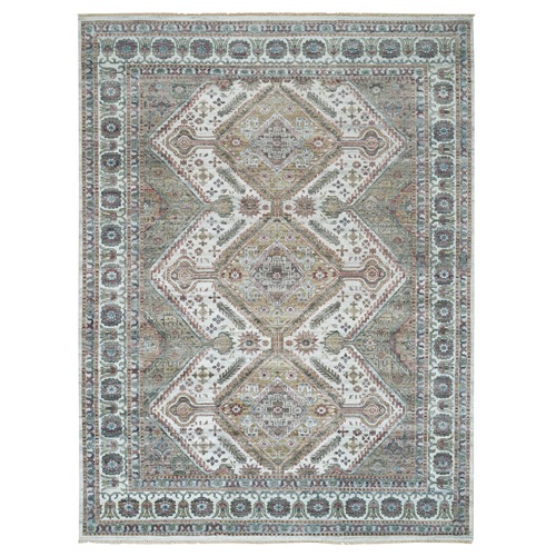 Vista White, Shiraz Reimagined, Organic Wool, Hand Knotted, Natural Dyes, Unique Flower Rosettes Border Design, Thick and Plush, Sustainable Oriental Rug