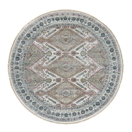 Pearl White, Natural Dyes, Soft and Vibrant Pile, Hand Knotted, Pure Wool, Unique Flower Rosettes Border Design, Shiraz Reimagined, Round Sustainable Oriental Rug