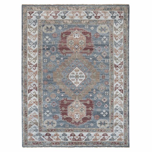 Oxford Gray, Heriz Revival with Today's Colors, Geometric Anchored Medallions with Serrated Leaf Design, Hand Knotted, Pure Wool, Thick and Plush, Oriental 