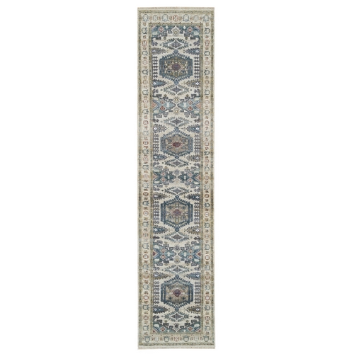 Winter White, Pure Wool, Thick and Plush Soft Pile,  Hand Knotted, Reimagined Persian Viss Design, Runner Oriental Rug 