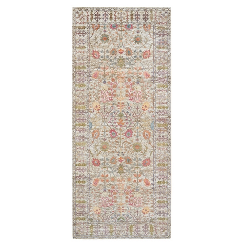 Taupe, Directional Vase All Over Design, Silk With Textured Wool, Hand Knotted, Wide Runner Oriental Rug