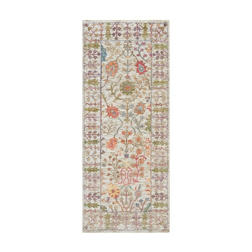 Taupe, Silk with Textured Wool, Hand Knotted, Directional Vase All Over Design, Runner Oriental Rug
