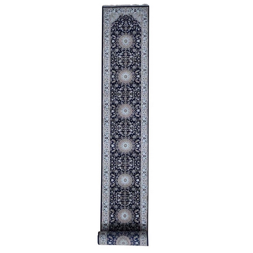 Midnight Blue Pure Wool 250 KPSI Nain with Flower Medallion Design XL Runner Hand Knotted Oriental Rug