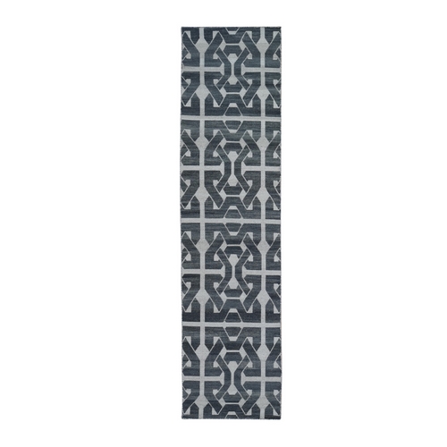 Gray Hand Woven Flat Weave Geometric Pattern Pure Wool Reversible Kilim Runner Oriental 