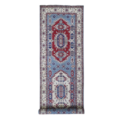 Baby Blue Wide and Long Runner 100% Wool Kazak Tribal Design Hand Knotted Oriental 