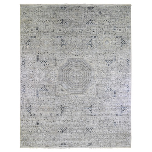 Pure Silk with Textured Wool Blue-Gray Mamluk Design Hand Knotted Oriental 