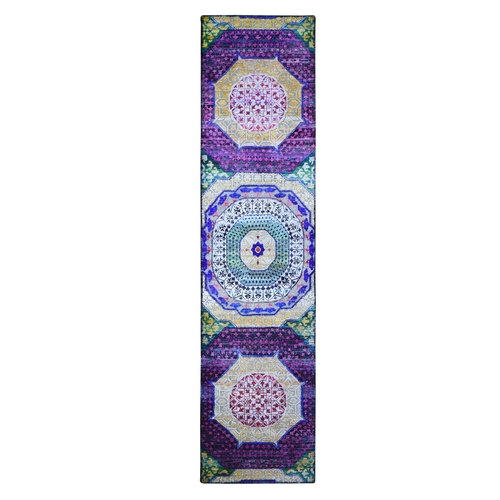 Colorful Sari Silk with Textured Wool Mamluk Design Hand Knotted Runner Oriental Rug