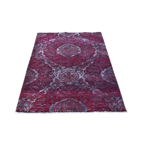 Wine Red Wool and Silk Modern Damask Design Mat Hand Knotted Oriental 