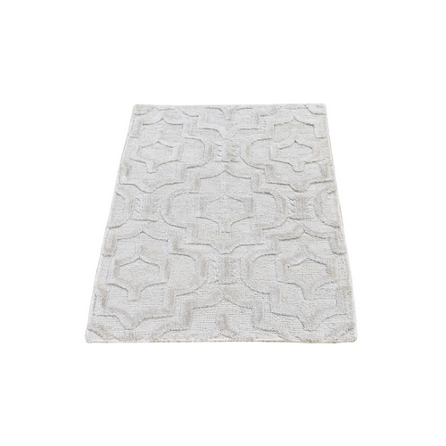 Ivory Hi-Low Modern Textured Wool Mat Hand Knotted Oriental 