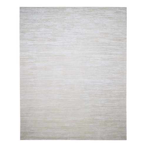 Ivory Silk with Textured Wool Hi-Low Pile Hand Knotted Oriental Rug