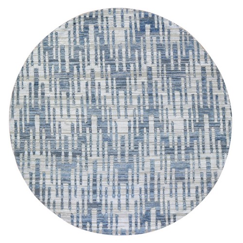 Hand Knotted Blue Pure Silk and Textured Wool Zigzag with Graph Design Round Oriental Rug
