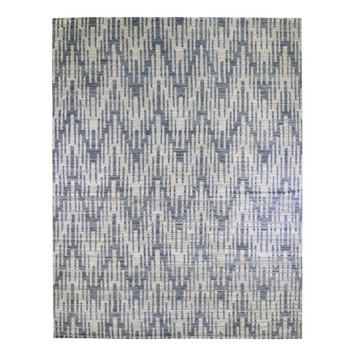Oversized Blue Pure Silk and Textured Wool Zigzag with Graph Design Hand Knotted Oriental 