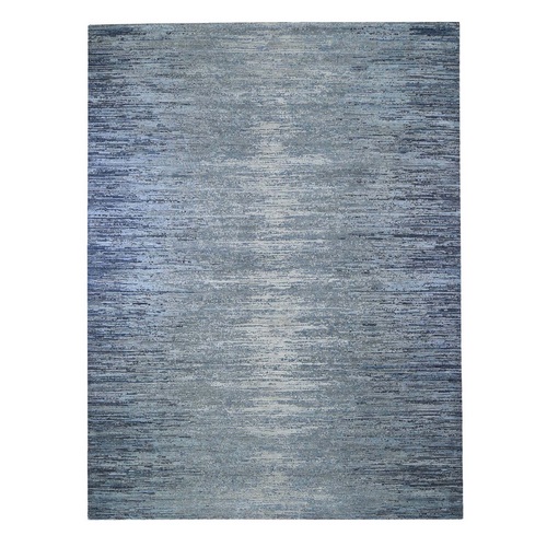 Blue Oceanic Wool and Pure Silk Horizontal Ombre Design Hand Knotted Oriental Rug