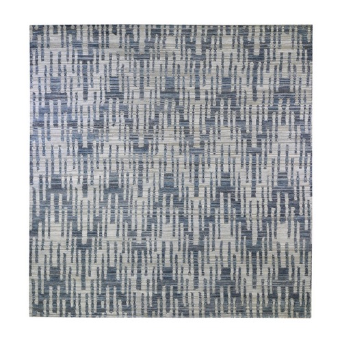 Blue Pure Silk and Textured Wool Square Zigzag with Graph Design Hand Knotted Oriental 