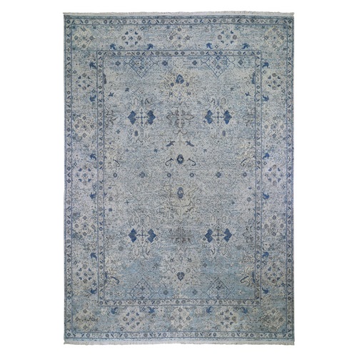 Blue Distressed Oushak Pure Silk with Textured Wool Hand Knotted Oriental 