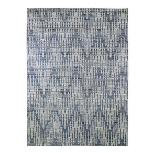 Blue Pure Silk and Textured Wool Zigzag with Graph Design Hand Knotted Oriental Rug
