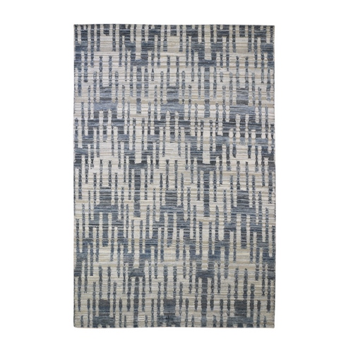 Blue Pure Silk and Textured Wool Zigzag with Graph Design Hand Knotted Oriental Rug