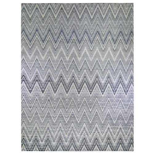 Oversized Gray-Blue Chevron Design Textured Wool and Pure Silk Hand Knotted Oriental Rug