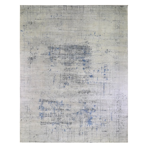 Gray-Blue Pure Silk with Textured Wool Avant-Garde Design Extra Large Hand Knotted Oriental Rug