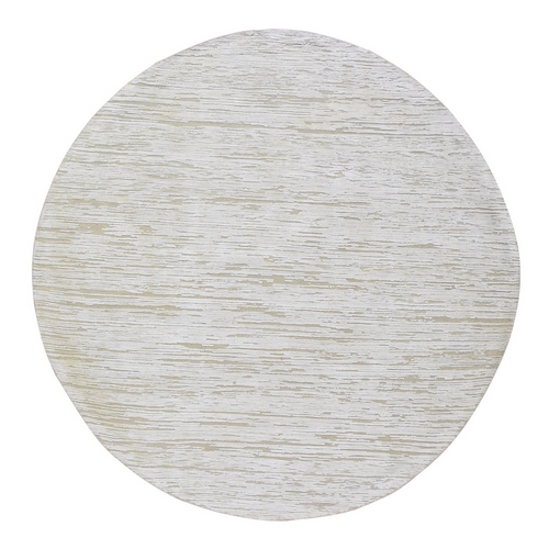 Ivory Silk with Textured Wool Hi-Low Pile Hand Knotted Round Oriental Rug