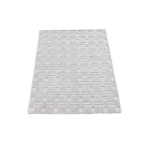 Tone on Tone Repetitive Squared Design Ivory Wool and Silk Hand Loomed Mat Oriental 