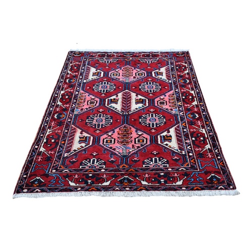 Red New Persian Hamadan Natural Wool Ethnic Design Hand Knotted with Vivid Colors Oriental 