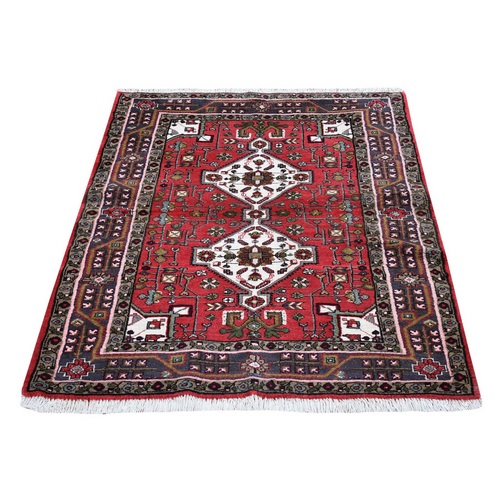 Red Vintage Persian Hamadan Geometric Design Pure Wool Hand Knotted Oriental 