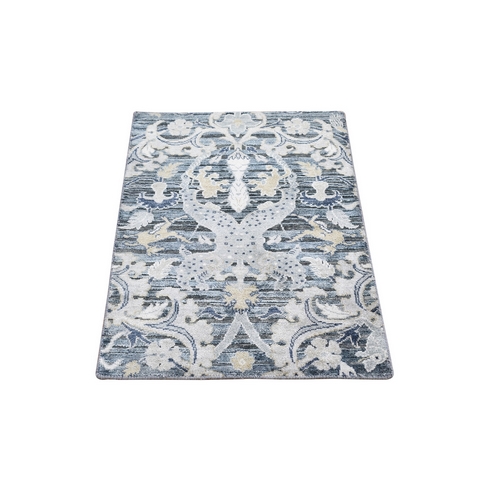 Blue Blossom Design Pure Silk with Textured Wool Hand Knotted Mat Oriental 