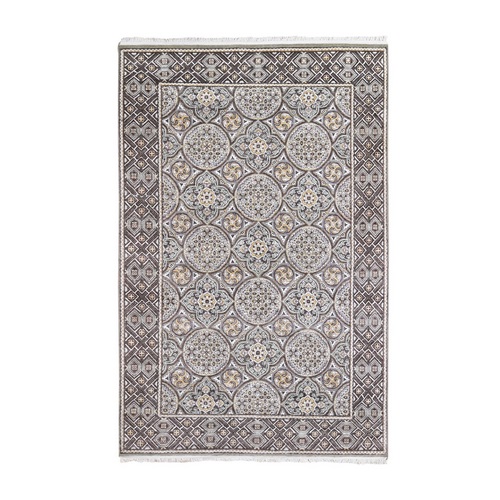 Brown Textured Wool and Silk Mughal Inspired Medallions Design Hand Knotted Oriental Rug