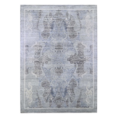 Silk with Textured Wool Paisley and Erased Mughal Inspired Design Blue Hand Knotted Fine Oriental 