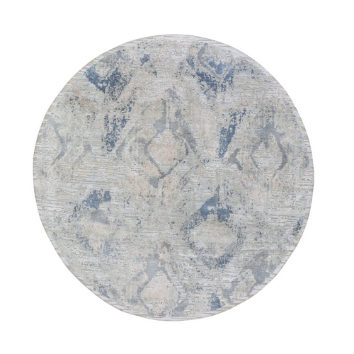 Ivory Large Elements with Pastels Modern Round Silk with Textured Wool Hand Knotted Oriental Rug