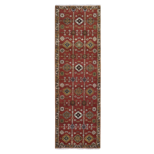 100% Wool Repetitive Geometric All Over Design Red Hand Knotted Wide Runner Oriental 