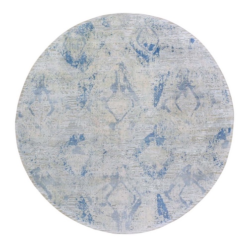 Ivory Large Elements with Pastels Hand Knotted Silk with Textured Wool Modern Round Oriental Rug