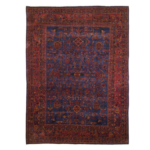 Blue Antique Persian Kashan Good Condition Slight Wear Soft 300 KPSI Saturated Colors Pure Wool Hand Knotted Oriental Rug