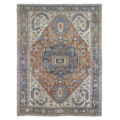 Terracotta Antique Persian Heriz Good Condition Serrated Leaf Design Natural Wool Clean Hand Knotted Oriental Rug