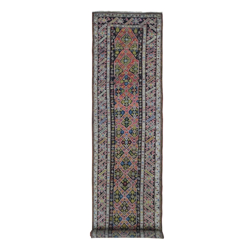 Green Antique Caucasian Wide Runner High KPSI, Good Condition with Hand Knotted Chocolate Brown Pure Wool Oriental Rug