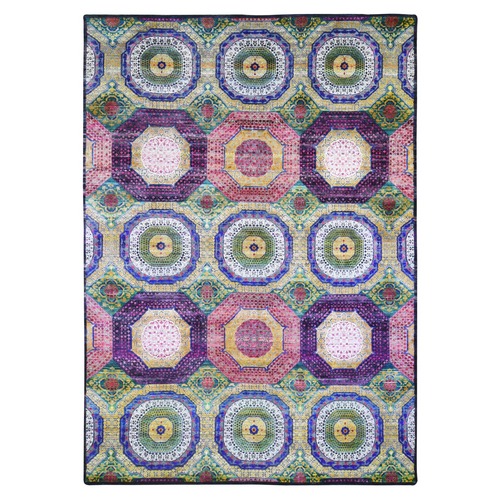 Colorful Mamluk Design Sari Silk with Textured Wool Hand Knotted Oriental Rug