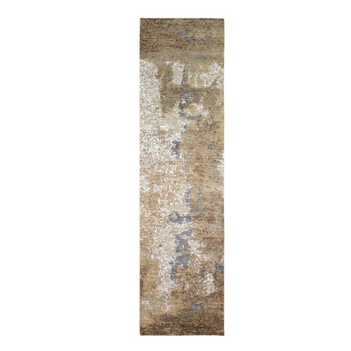 Brown Abstract Design Wool and Silk Hi-Low Pile Denser Weave Hand Knotted Runner Oriental Rug