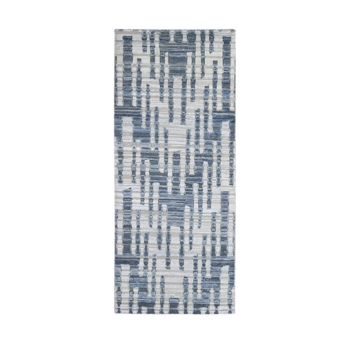 Blue Pure Silk and Textured Wool Zigzag with Graph Design Hand Knotted Runner Oriental Rug