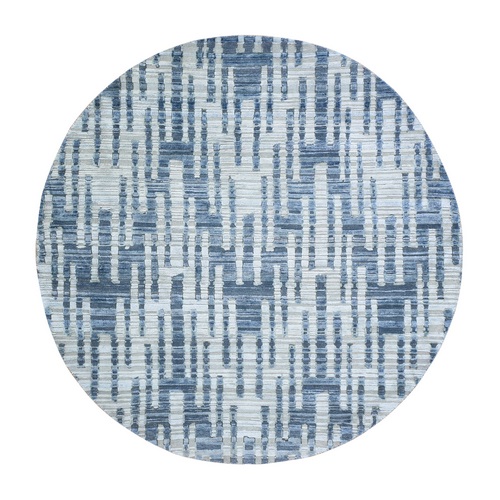 Blue Pure Silk and Textured Wool Zigzag with Graph Design Hand Knotted Round Oriental Rug