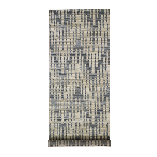 Zigzag with Graph Design Blue Pure Silk and Textured Wool Wide Runner Hand Knotted Oriental Rug