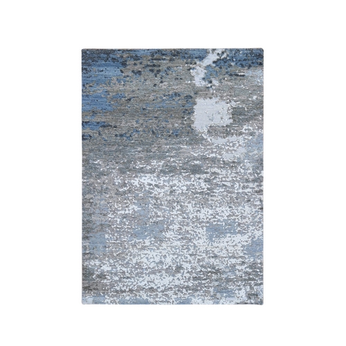 Blue Abstract Design Wool and Silk Hi-Low Pile Denser Weave Hand Knotted Oriental Rug
