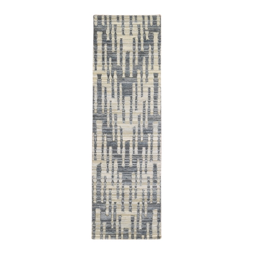 Blue Pure Silk and Textured Wool Zigzag with Graph Design Hand Knotted Runner Oriental Rug