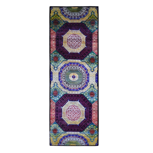 Sari Silk with Textured Wool Mamluk Design Colorful Hand Knotted Runner Oriental Rug