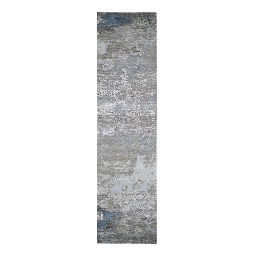 Abstract Design Wool and Silk Hi-Low Pile Gray Denser Weave Hand Knotted Runner Oriental 