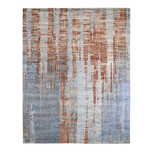 Gray Hi-Low Pile Abstract Design Denser Weave Wool and Silk Hand Knotted Oriental Rug