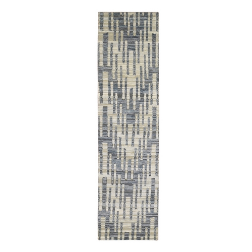 Blue Pure Silk and Textured Wool Wide Runner Zigzag with Graph Design Hand Knotted Oriental Rug