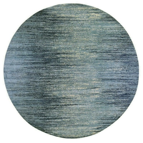 Pure Wool Horizontal Ombre Design Blue Oceanic Zero Pile Hand Knotted Round Oriental 